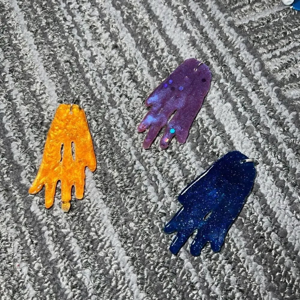 Glitter Resin Skeleton Hand Pendant Necklace – Copper, Blue, or Purple – Handmad